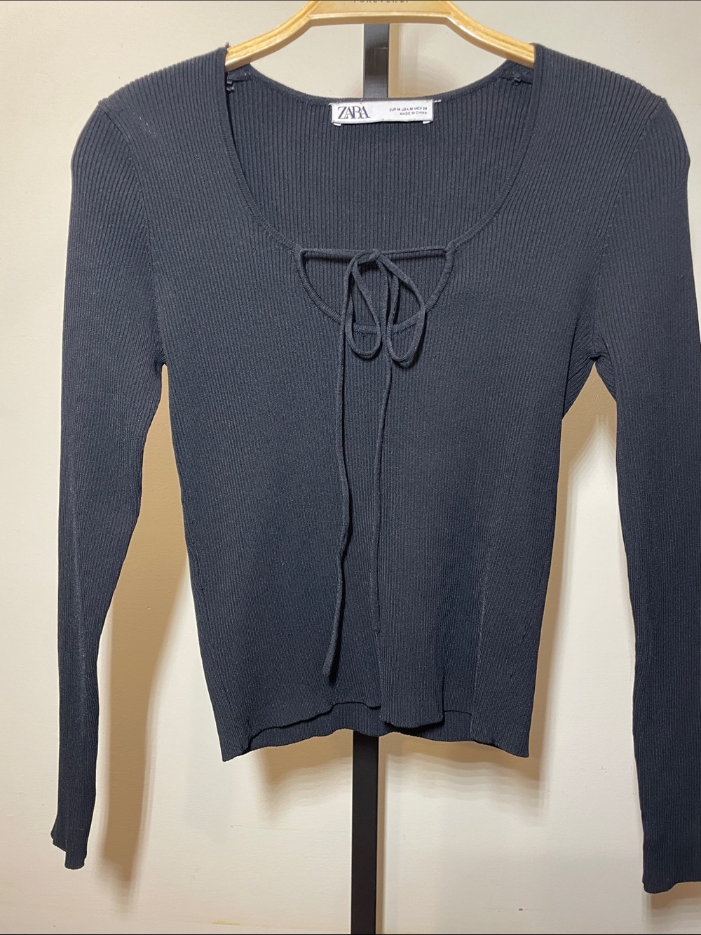 Zara Black Ribbed Long Sleeve Tiee-Front Top